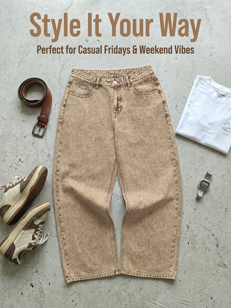 Of Men's Ultra Baggy Wide Leg Wash Jeans American Retro Khaki Brown Denim Pants Loose Comfortable Streetwear Casual Trousers Summer Vacation Urban Daily Motorcycle Boy Ins Style Unisex - Image 4