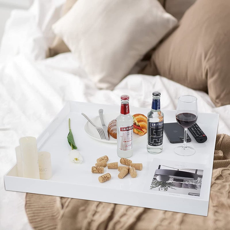 SHARMA PLASTICS 24×24 Inches Glossy White Acrylic Serving Tray with Handles Extra Large Ottoman Tray Decorative Tray Spill-Proof Coffee Table Space Saver Oversize Counter top Organizer Platter with Safe Edge - Image 2