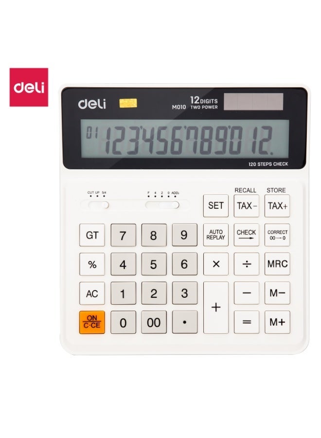 Deli M01010 Desktop Calculator 12 Digit Dual Power Tax Function Auto Replay 120 Steps Check - Image 1