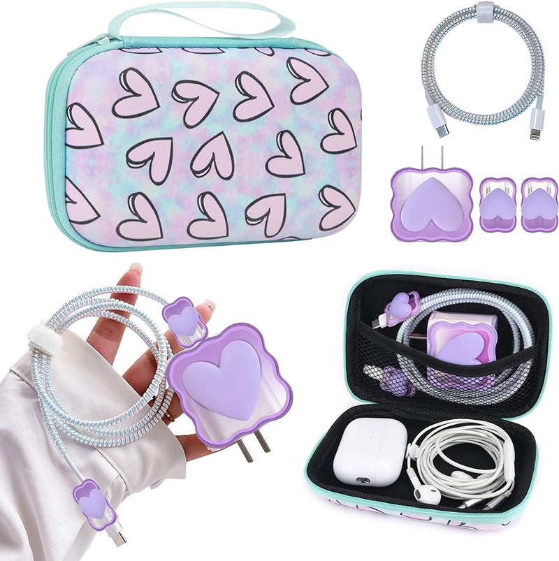 FACTOTECH iPhone Charger Protector Case with Carrying Bag Compatible for Apple 18W 20W iPhone 15 14 13 12 11 Pro/PRO MAX Adapter and Lightning Cable Protective Sleeve with Pouch Case(Purple Heart) - Image 1