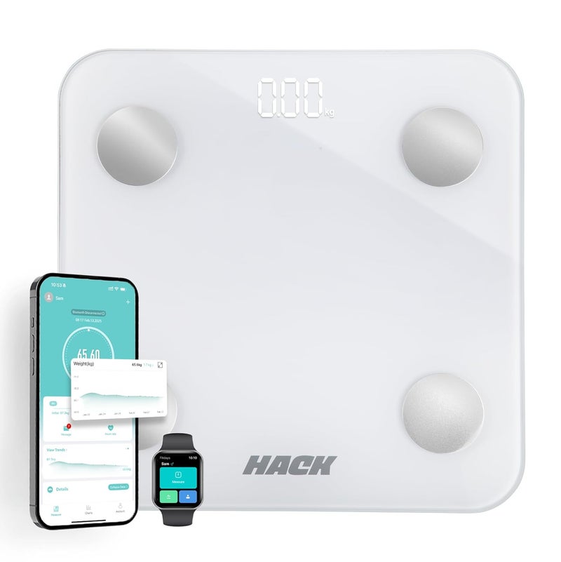 Hack Athletics Premium Bluetooth BMI Body weight Scale for Men & Women | 180kg BMI & Body Fat Analyzer | 14 Body Metrics| Large LED display | 24 users | Syncs with iOS & Android | 1YR Warranty (White) - Image 1