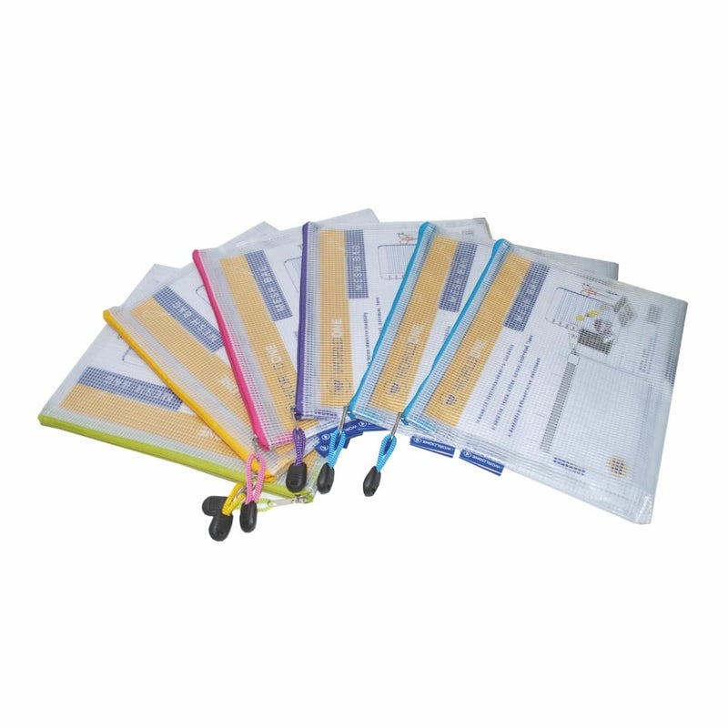 WORLDONE Multipurpose Thick Nylon Mesh Translucent Pouch, Strong Stitching on Edges, Ideal Stationery Pouch, Assorted Colour Zipper, Size A5, Pack of 6 Pieces - Image 1