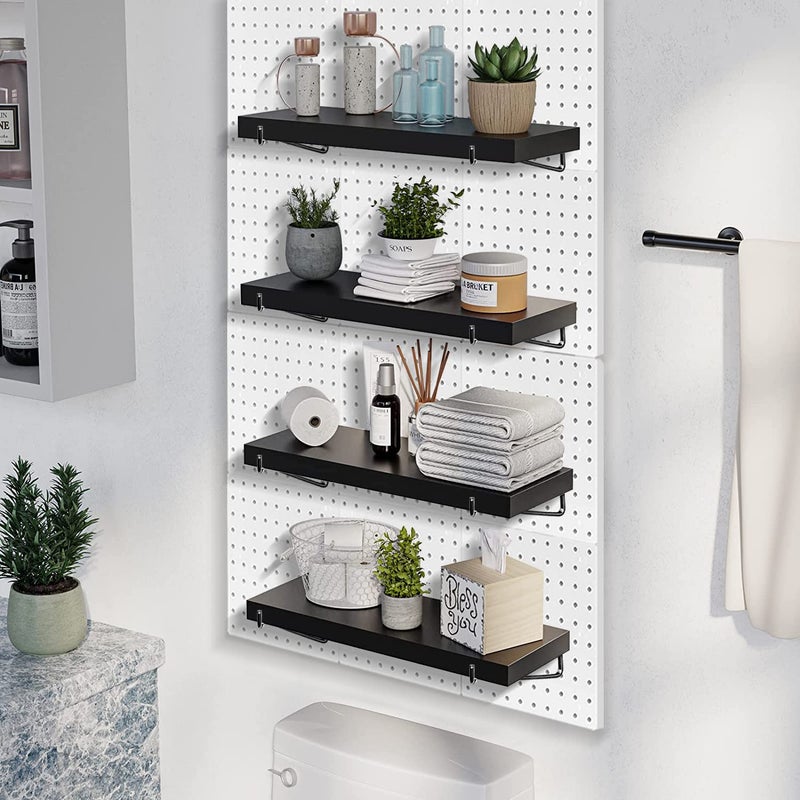 HJW Pegboard Shelf Black, 4 Pack Wooden Pegboard Shelves with Metal Pegboard Shelf Brackets Pegboard Hooks, for Craft Room, Home, Kitchen, Garage - Image 2