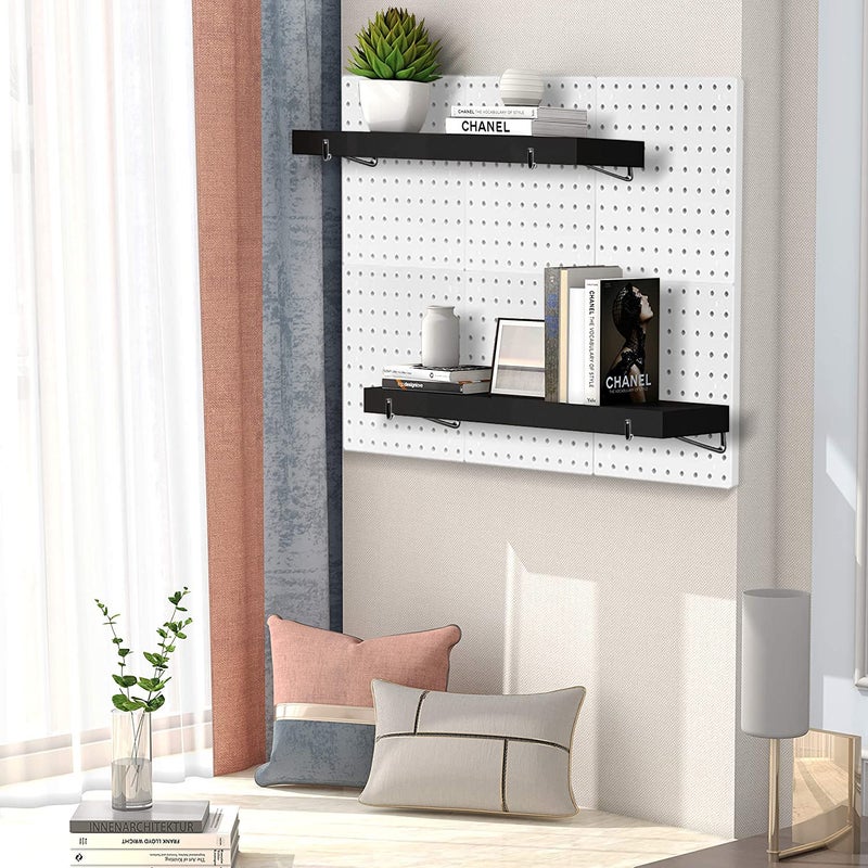HJW Pegboard Shelf Black, 4 Pack Wooden Pegboard Shelves with Metal Pegboard Shelf Brackets Pegboard Hooks, for Craft Room, Home, Kitchen, Garage - Image 3