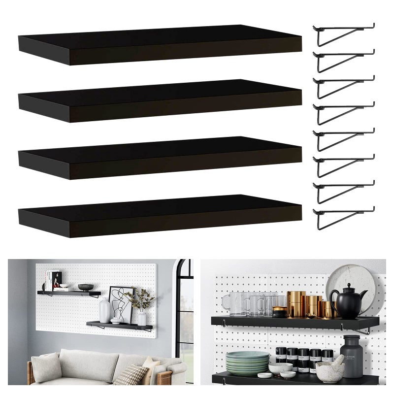 HJW Pegboard Shelf Black, 4 Pack Wooden Pegboard Shelves with Metal Pegboard Shelf Brackets Pegboard Hooks, for Craft Room, Home, Kitchen, Garage - Image 1