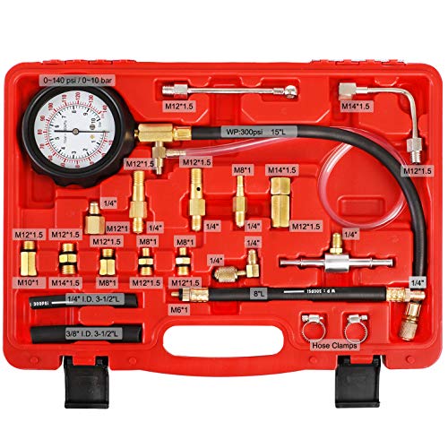 YSTOOL Fuel Pressure Tester Gauge Kit 140PSI Automotive Engine Injector Pump Test Gasoline Gas Injection Manometer Tool Set with Inline Fitting Schrader Adapter for Auto Car Motorcycle (Red Case) - Image 2