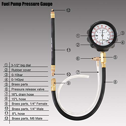 YSTOOL Fuel Pressure Tester Gauge Kit 140PSI Automotive Engine Injector Pump Test Gasoline Gas Injection Manometer Tool Set with Inline Fitting Schrader Adapter for Auto Car Motorcycle (Red Case) - Image 3