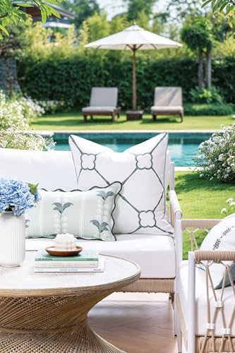 Hofdeco Premium Coastal Hampton Patio Indoor Outdoor Lumbar Pillow Cover Only 12x20 Water Repellent for Backyard Couch Poolside Pale Forest Green Print Watercolor Striped Lily of the Valley - Image 3