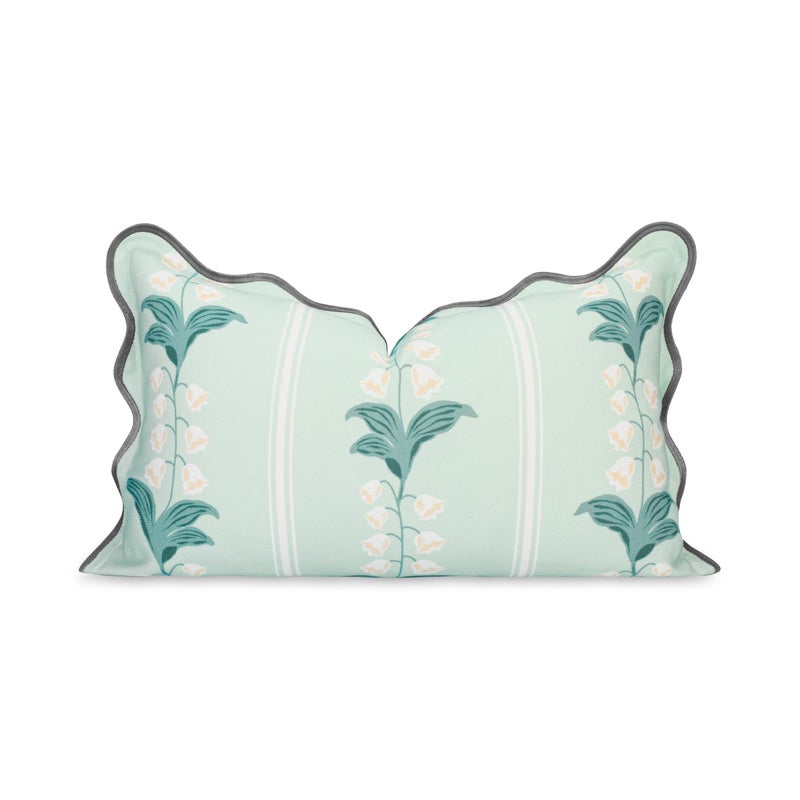 Hofdeco Premium Coastal Hampton Patio Indoor Outdoor Lumbar Pillow Cover Only 12x20 Water Repellent for Backyard Couch Poolside Pale Forest Green Print Watercolor Striped Lily of the Valley - Image 2