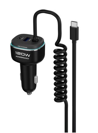 120W Fast Car Charger / Triple Output USB-C PD 45W + USB-A QC 30W + Type-C Cable 45W / Stretchable Cable 0.3–1.2m / Zinc Alloy Body with LED Light / Compatible with iPhone / Samsung / iPad / MacBook - Black/Grey