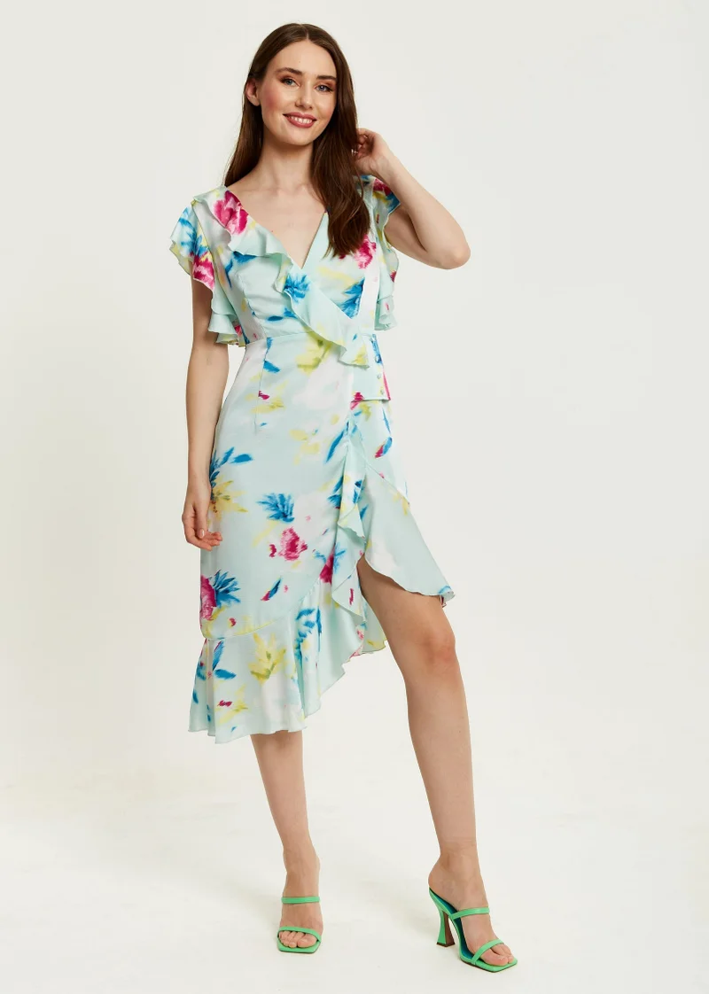 Liquorish Floral Print Wrap Dress in Mint Green