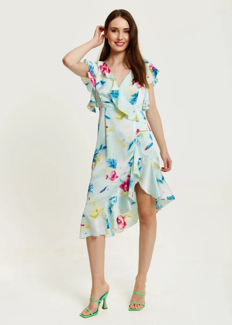 Liquorish Floral Print Wrap Dress in Mint Green