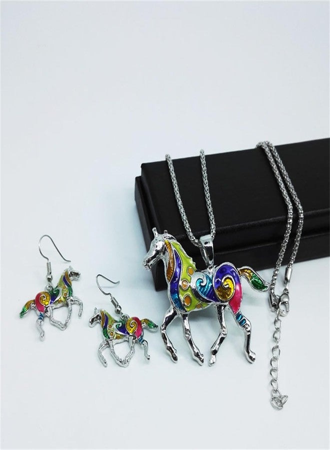 WCRAZYE Running Horse Earrings and Necklace for Women Colorful Enamel Kentucky Derby Lucky Horse Pendant Necklace Dangle Earrings Kentucky Derby Jewelry Set Costume Accessories Outfit Party Gifts (Colorful Horse) - Image 5