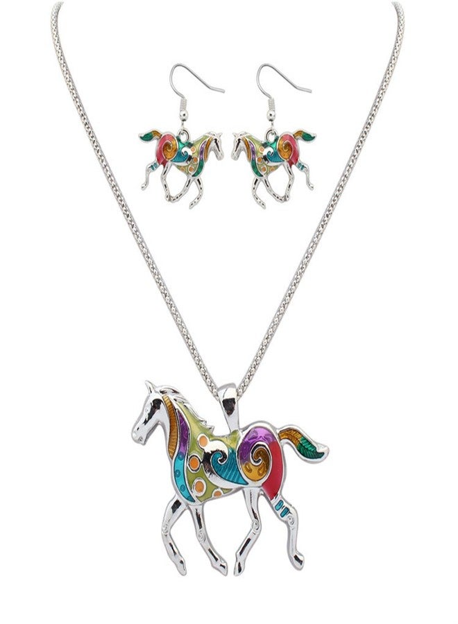 WCRAZYE Running Horse Earrings and Necklace for Women Colorful Enamel Kentucky Derby Lucky Horse Pendant Necklace Dangle Earrings Kentucky Derby Jewelry Set Costume Accessories Outfit Party Gifts (Colorful Horse) - Image 1