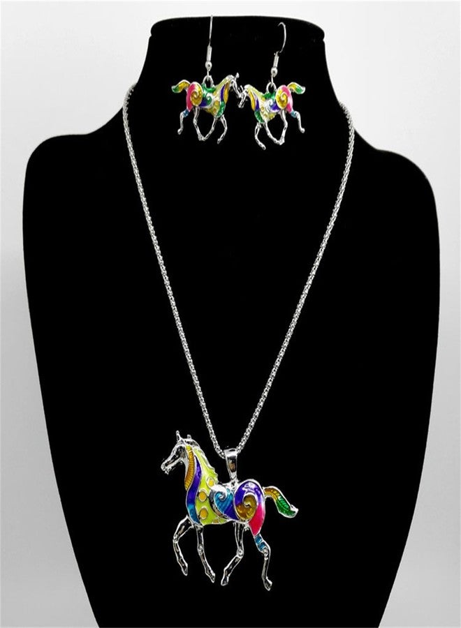 WCRAZYE Running Horse Earrings and Necklace for Women Colorful Enamel Kentucky Derby Lucky Horse Pendant Necklace Dangle Earrings Kentucky Derby Jewelry Set Costume Accessories Outfit Party Gifts (Colorful Horse) - Image 4