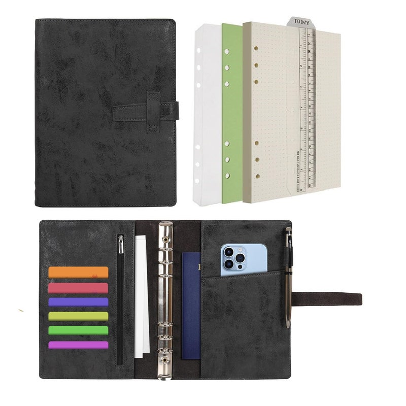 Wonderpool Leather Journal Refillable Binder A5 Writing Notebook Folder Organiser with Dotted Paper & Multi Pockets Cover for Business School Travel (A5, Black) - Image 1