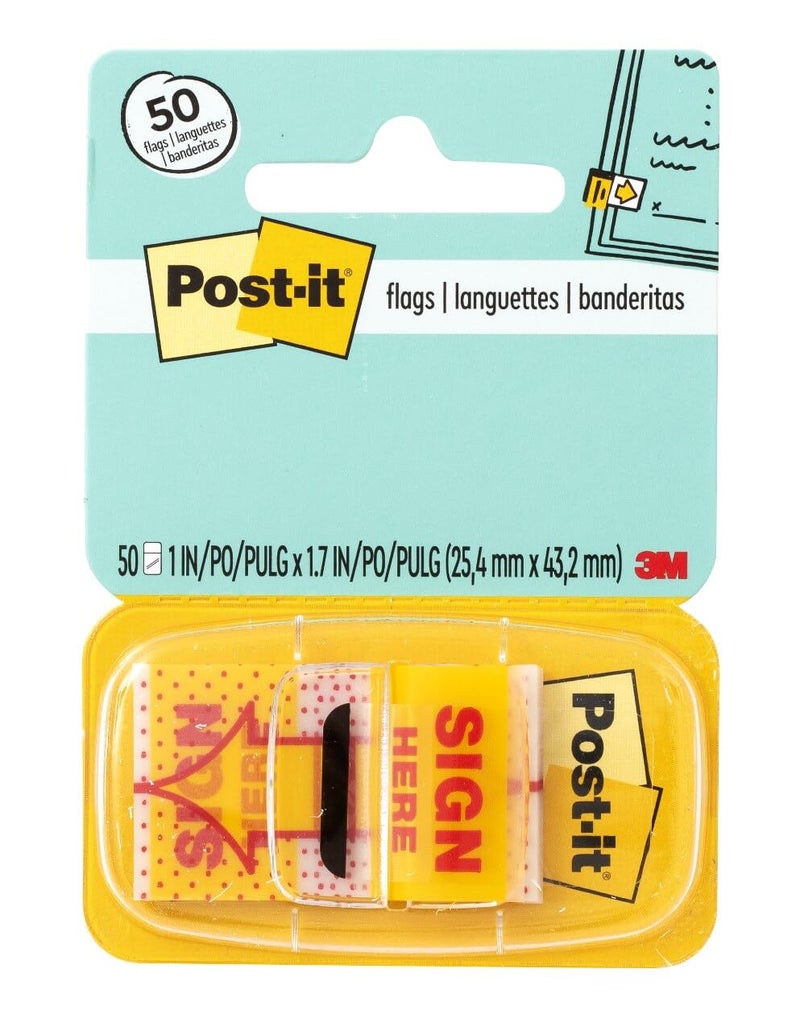 Post It Post-it Printed Message Flags, Sign Here, 1 Dispenser, 50 Flags, 1 Inch Wide, Yellow (680-9) - Image 1