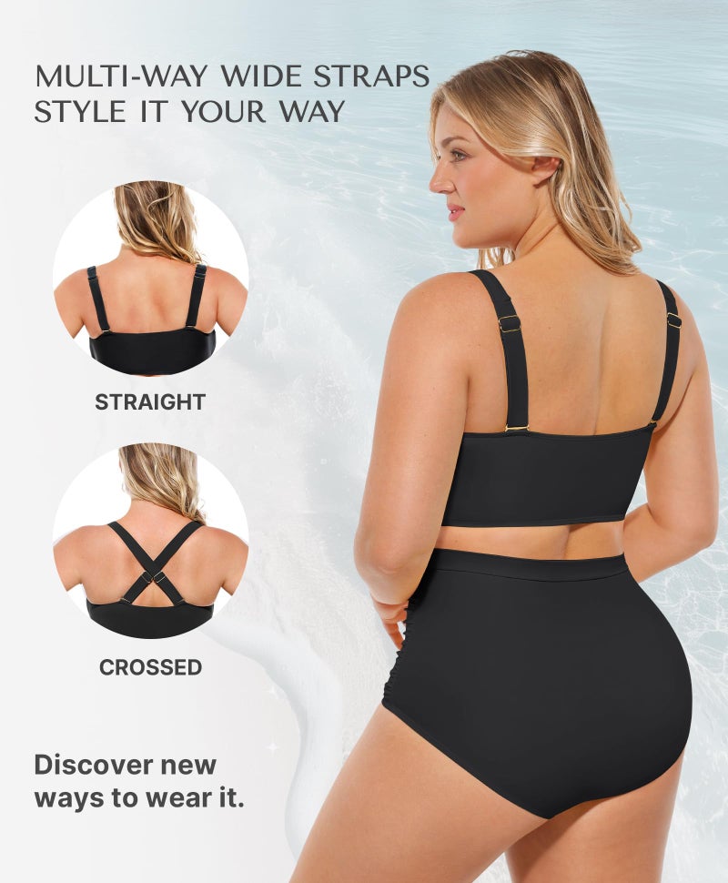 SHAPELLX Black Tummy Control Bikini High Waisted Swimsuits Push Up Padded Bathing Suit Ruched Twist Front Swim Suit (Black, XLarge) - Image 4