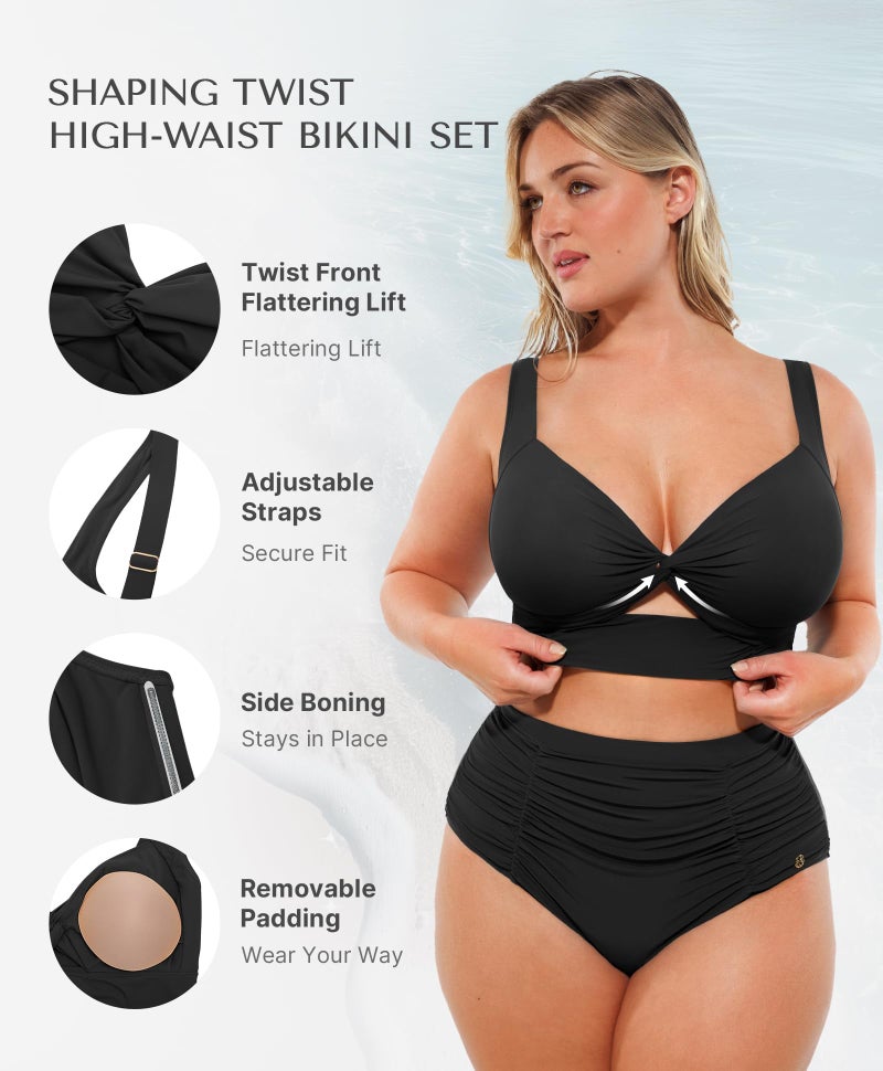 SHAPELLX Black Tummy Control Bikini High Waisted Swimsuits Push Up Padded Bathing Suit Ruched Twist Front Swim Suit (Black, XLarge) - Image 3