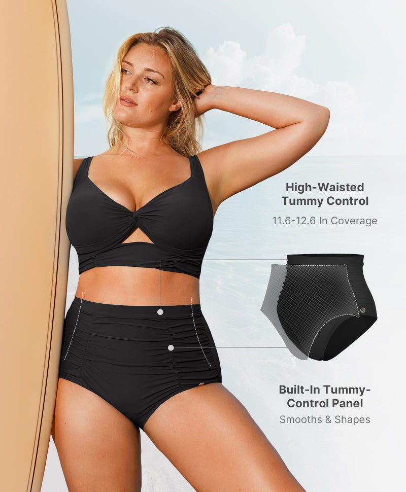 SHAPELLX Black Tummy Control Bikini High Waisted Swimsuits Push Up Padded Bathing Suit Ruched Twist Front Swim Suit (Black, XLarge) - Image 2