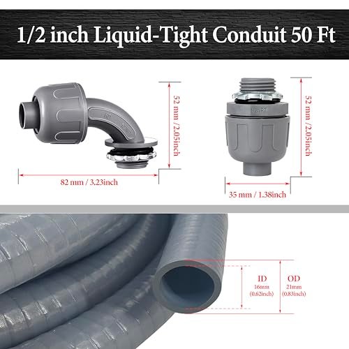 Wocloer 50 Foot Liquid-Tight Conduit Kit - 1/2inch Flexible Non Metallic Liquid Tight Electrical Conduit and 5 Straight and 4 Angle Fittings Included. 1/2" Dia - Image 2