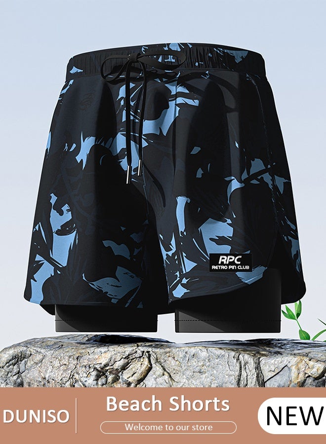 DUNISO Men's Swimming Trunks with Compression Liner, Double Layer Quick Dry Beach Shorts with Adjustable Belt Loose Breath Swim Shorts Swimwear Bathing Suits for Beach and Swimming - Image 1