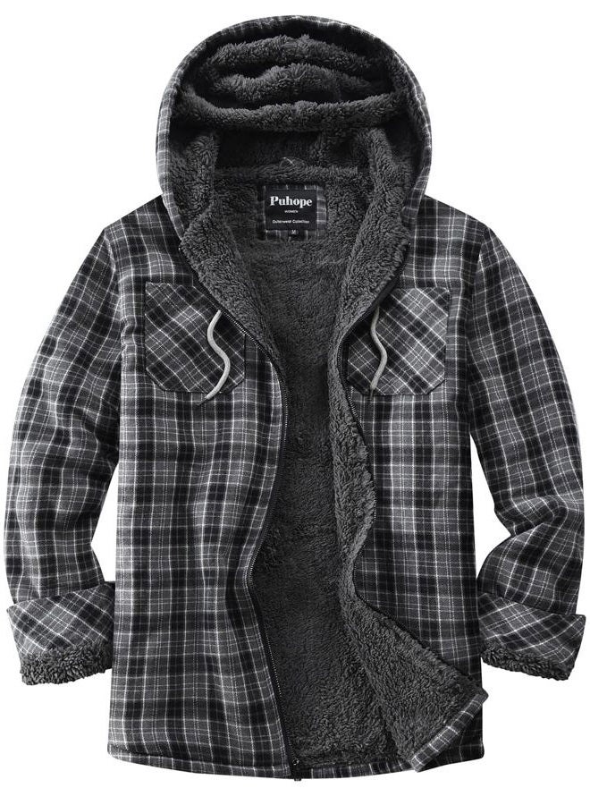 Puhope Womens Sherpa Lined Jacket Fleece Zip Up Jacket Flannel Plaid shirt jacket Full Zip Hoodies for Women, Dark Grey, XS - Image 1