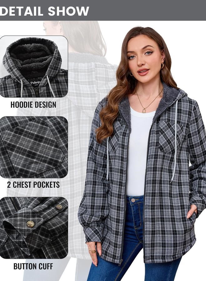 Puhope Womens Sherpa Lined Jacket Fleece Zip Up Jacket Flannel Plaid shirt jacket Full Zip Hoodies for Women, Dark Grey, XS - Image 5
