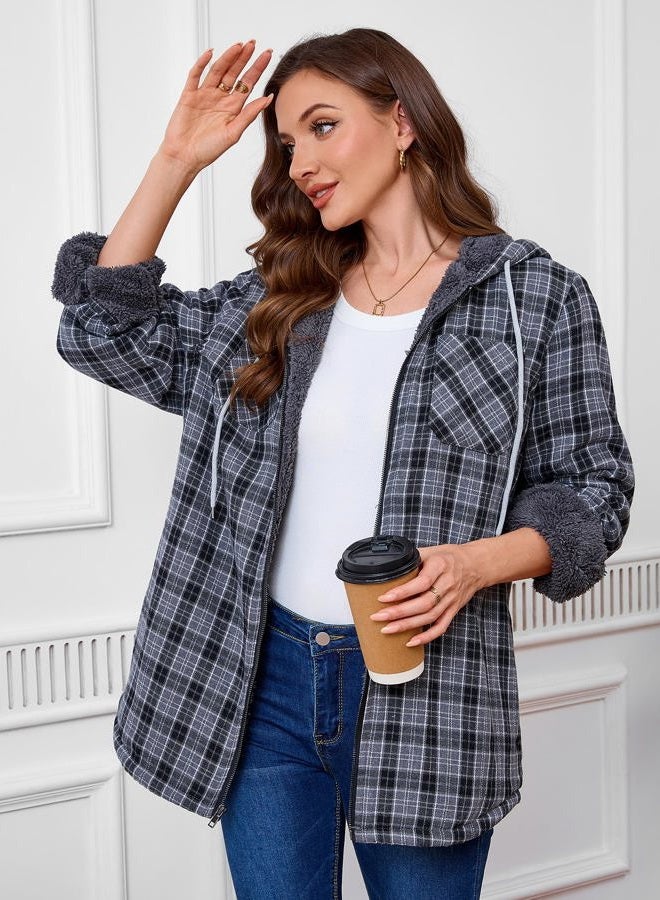 Puhope Womens Sherpa Lined Jacket Fleece Zip Up Jacket Flannel Plaid shirt jacket Full Zip Hoodies for Women, Dark Grey, XS - Image 3