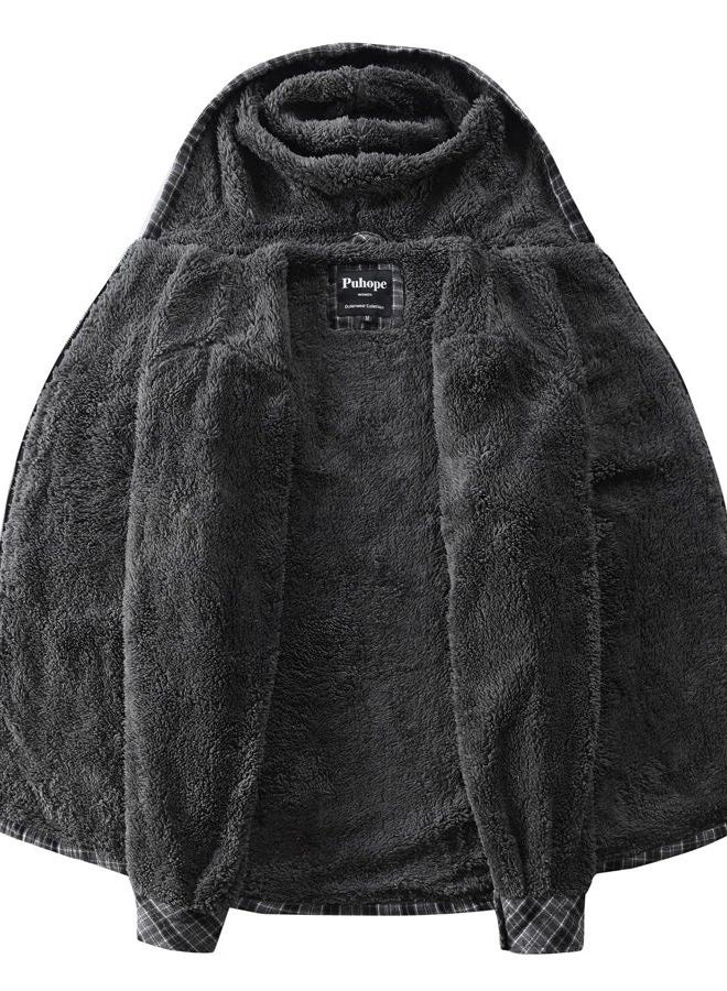 Puhope Womens Sherpa Lined Jacket Fleece Zip Up Jacket Flannel Plaid shirt jacket Full Zip Hoodies for Women, Dark Grey, XS - Image 4