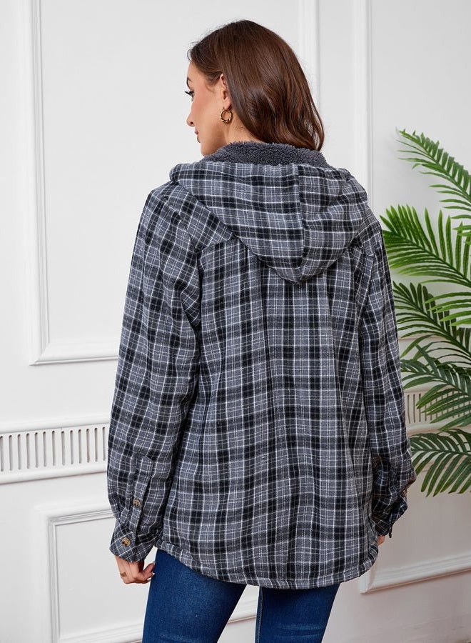 Puhope Womens Sherpa Lined Jacket Fleece Zip Up Jacket Flannel Plaid shirt jacket Full Zip Hoodies for Women, Dark Grey, XS - Image 2