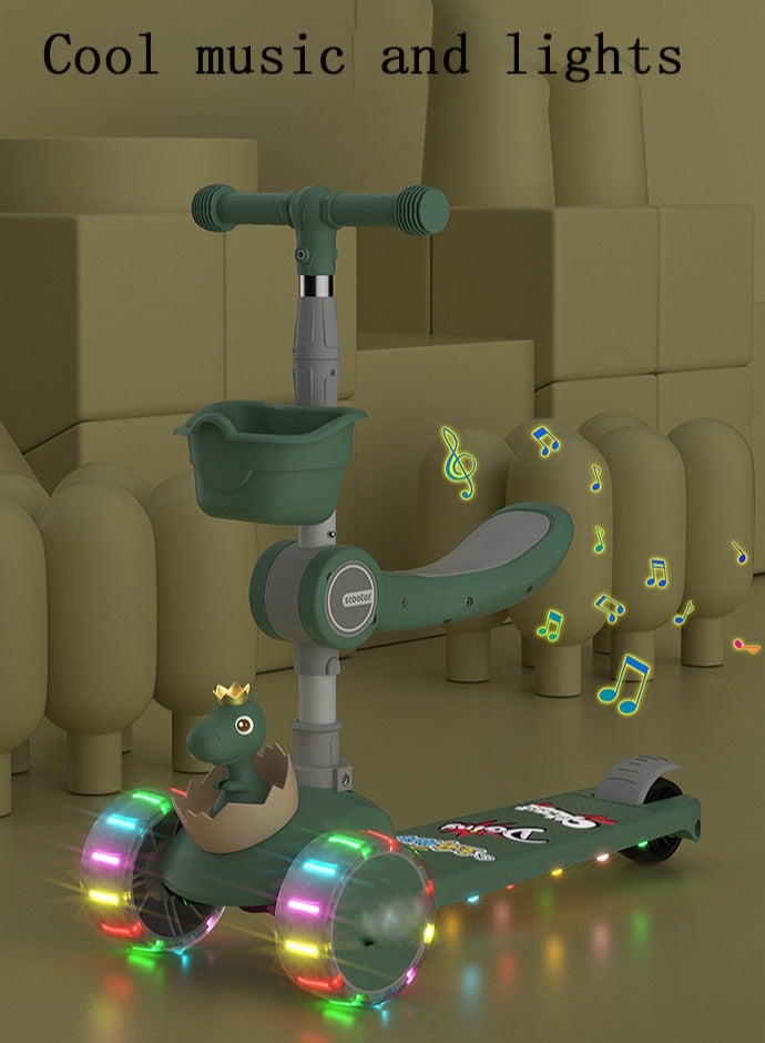 3 Wheel Kids Scooter with Flash LED Wheels and Music for Toddlers Girls and Boys 4 Adjustable Handlebar Heights Tilt Steering，Extra-Wide Deck for Kids Ages 2-12 - Green - Image 4