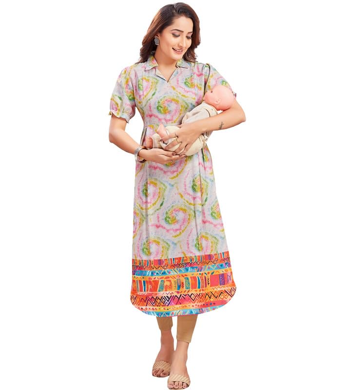 RITIJYA Feeding Kurtis for Women with Zip | Straight Maternity Pregnancy Dress for Nursing Mothers | Viscose Rayon | Maternity Wear Feeding Dress Tops (9241_38,Playful Creame) - Image 1