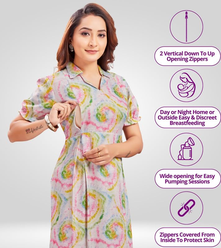 RITIJYA Feeding Kurtis for Women with Zip | Straight Maternity Pregnancy Dress for Nursing Mothers | Viscose Rayon | Maternity Wear Feeding Dress Tops (9241_38,Playful Creame) - Image 2