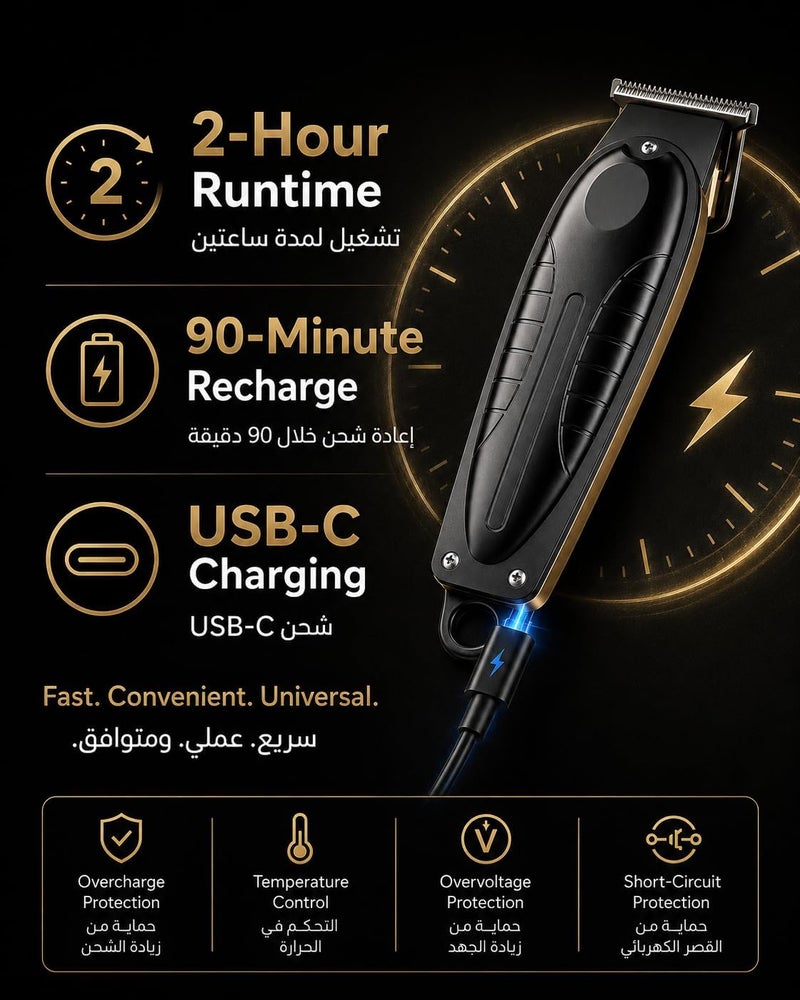كويك ماكينة تشذيب وحلاقة للجسم Professional Hair Trimmer and Beard Clipper - ماكينة تشذيب للرجال مع شفرة سيراميك دقيقة، شحن سريع USB-C، وقت تشغيل ساعتين، سهلة التنظيف - Image 4