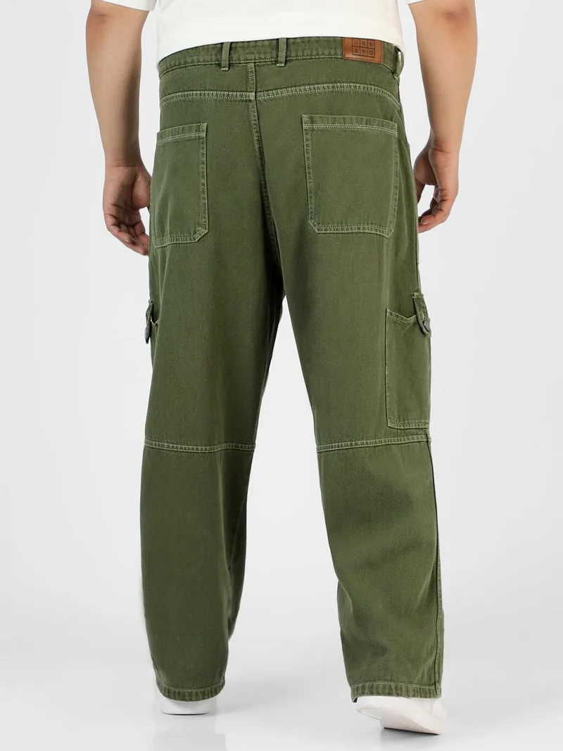 Urbano Fashion  Urbano Plus Men's Olive Green Loose Baggy Fit Washed Cargo Jeans with 6 Pockets Non-Stretchable  | Best Price UAE