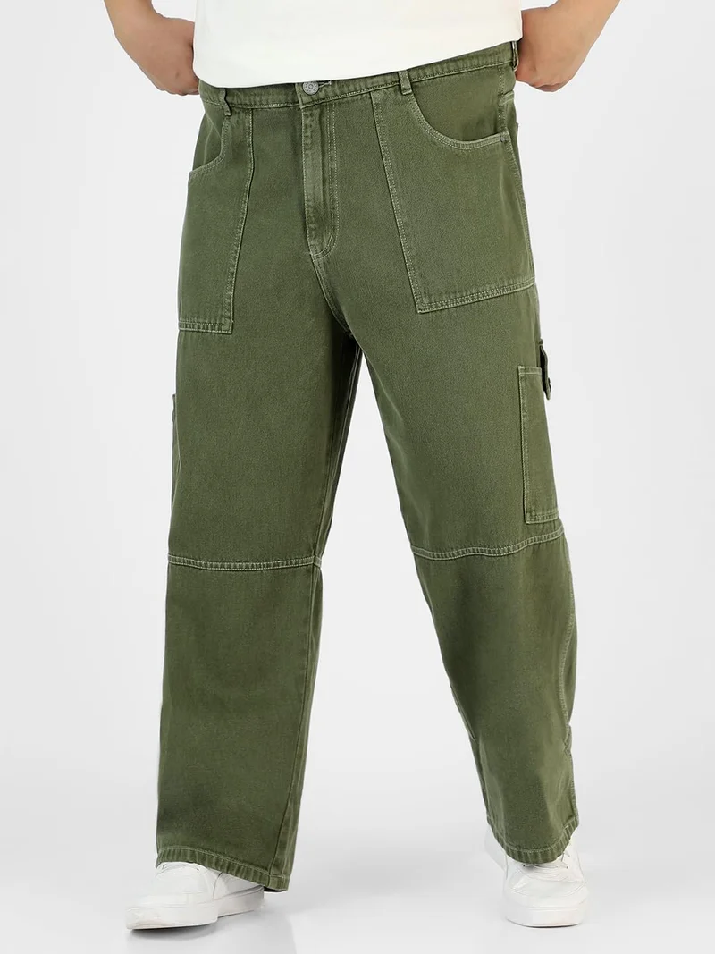 Urbano Plus Men's Olive Green Loose Baggy Fit Washed Cargo Jeans with 6 Pockets Non-Stretchable