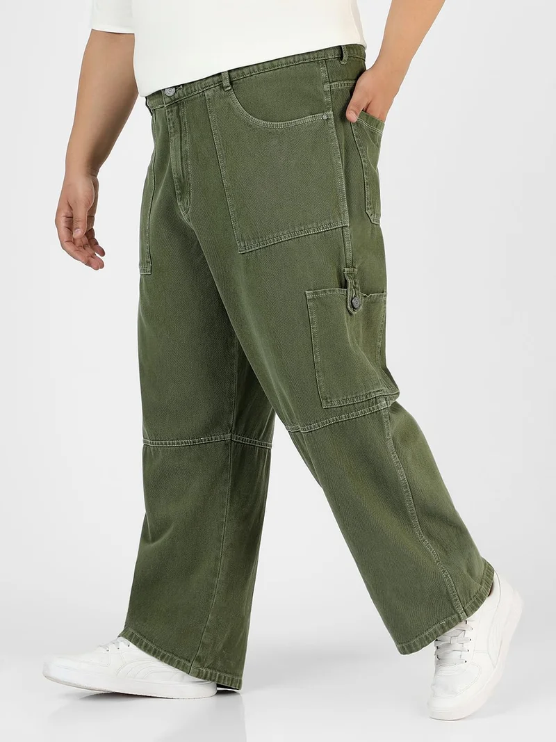 Urbano Fashion  Urbano Plus Men's Olive Green Loose Baggy Fit Washed Cargo Jeans with 6 Pockets Non-Stretchable  | Best Price UAE