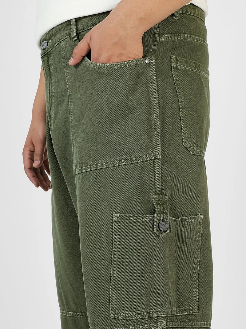 Urbano Fashion  Urbano Plus Men's Olive Green Loose Baggy Fit Washed Cargo Jeans with 6 Pockets Non-Stretchable  | Best Price UAE