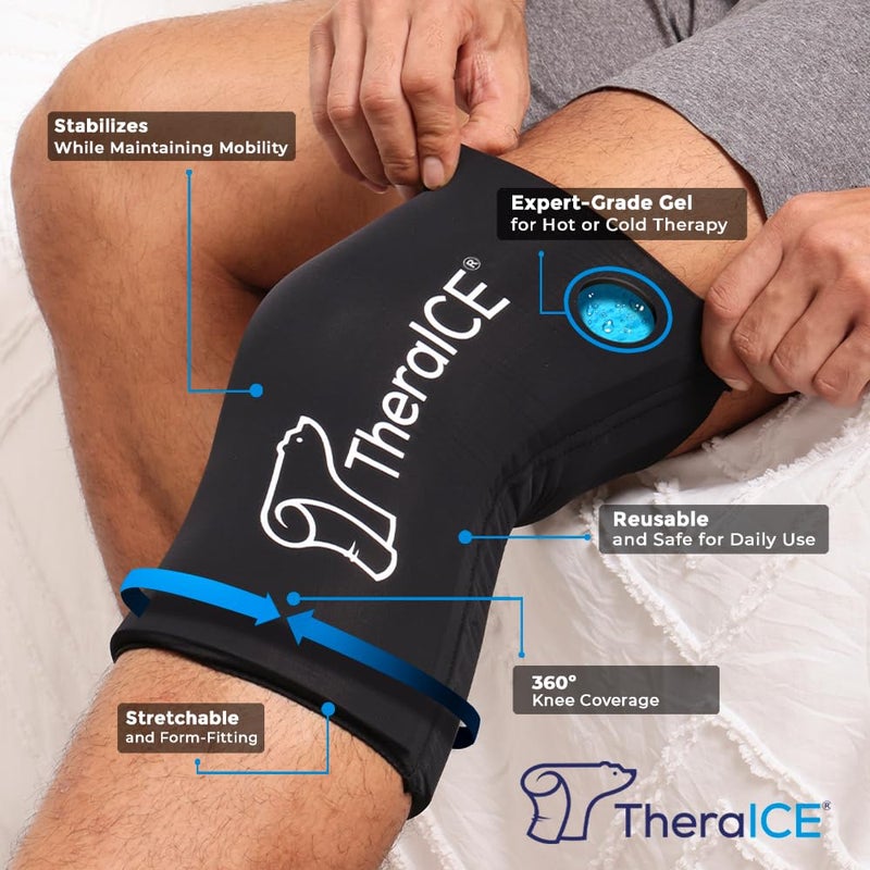 TheraICE غطاء ثيرا آيس للركبة مع حزمة ثلج وضغط للإصابات، حزم جل باردة قابلة لإعادة الاستخدام، أيضًا للركبة والكاحل والساق - لفافة باردة مرنة للتعافي من آلام الغضروف، ACL، MCL (XL) - Image 2