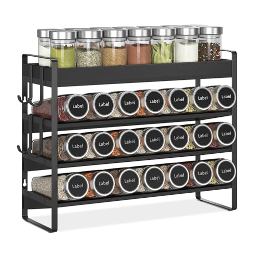 EsLuker.ly Spice Seasoning Rack Organizer Kitchen Countertop, 4 Tier Bamboo Spice Shelf Holder Storage with 4 Hooks, Wall Mounted Freestanding Stand for Pantry, Black (Jars Not Included) - Image 1