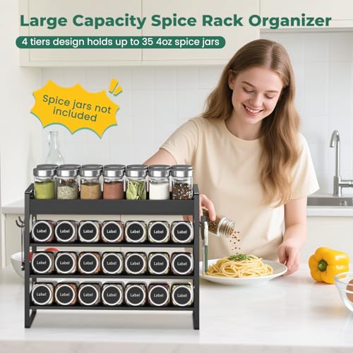 EsLuker.ly Spice Seasoning Rack Organizer Kitchen Countertop, 4 Tier Bamboo Spice Shelf Holder Storage with 4 Hooks, Wall Mounted Freestanding Stand for Pantry, Black (Jars Not Included) - Image 2