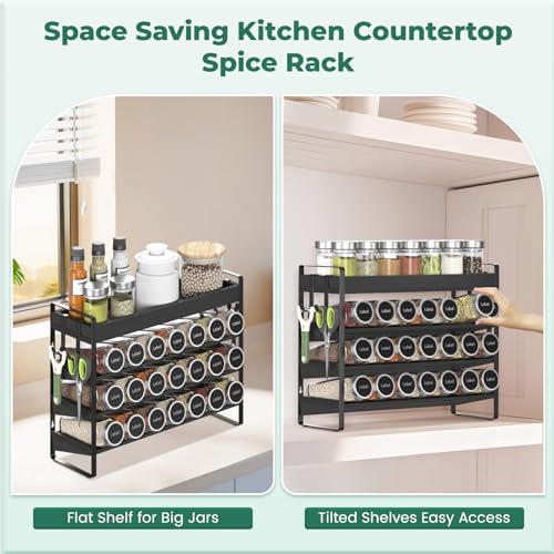 EsLuker.ly Spice Seasoning Rack Organizer Kitchen Countertop, 4 Tier Bamboo Spice Shelf Holder Storage with 4 Hooks, Wall Mounted Freestanding Stand for Pantry, Black (Jars Not Included) - Image 4