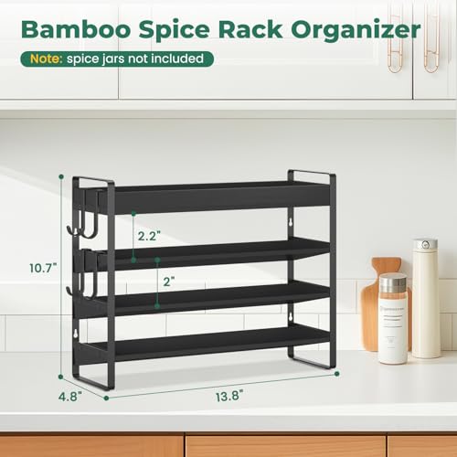 EsLuker.ly Spice Seasoning Rack Organizer Kitchen Countertop, 4 Tier Bamboo Spice Shelf Holder Storage with 4 Hooks, Wall Mounted Freestanding Stand for Pantry, Black (Jars Not Included) - Image 3