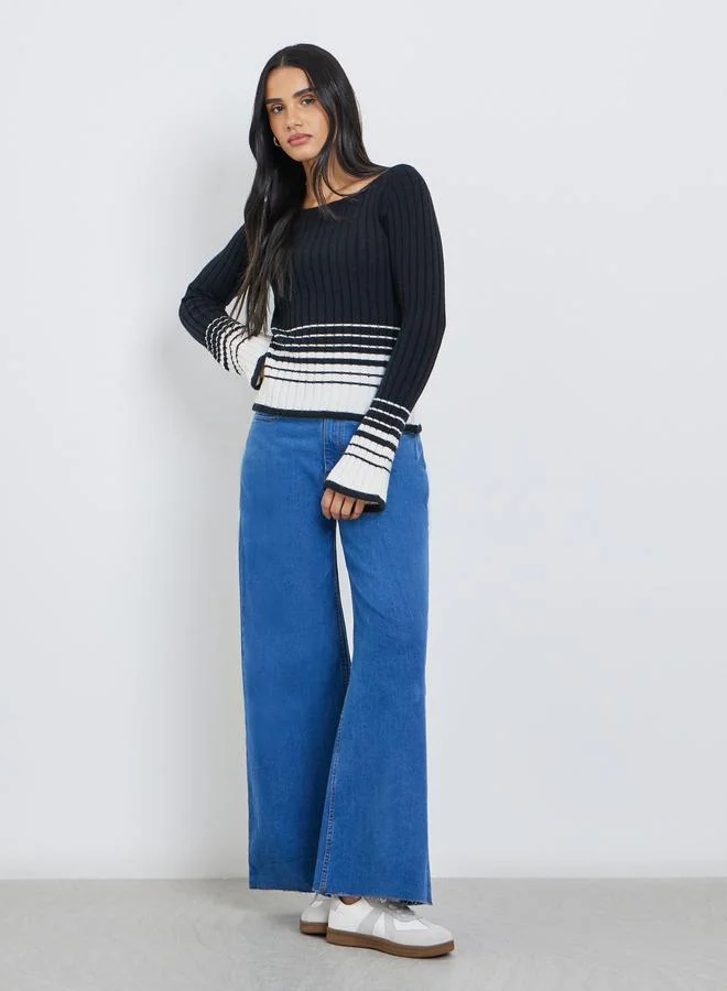 Styli Styli Black Striped Knit Long Sleeve Top
