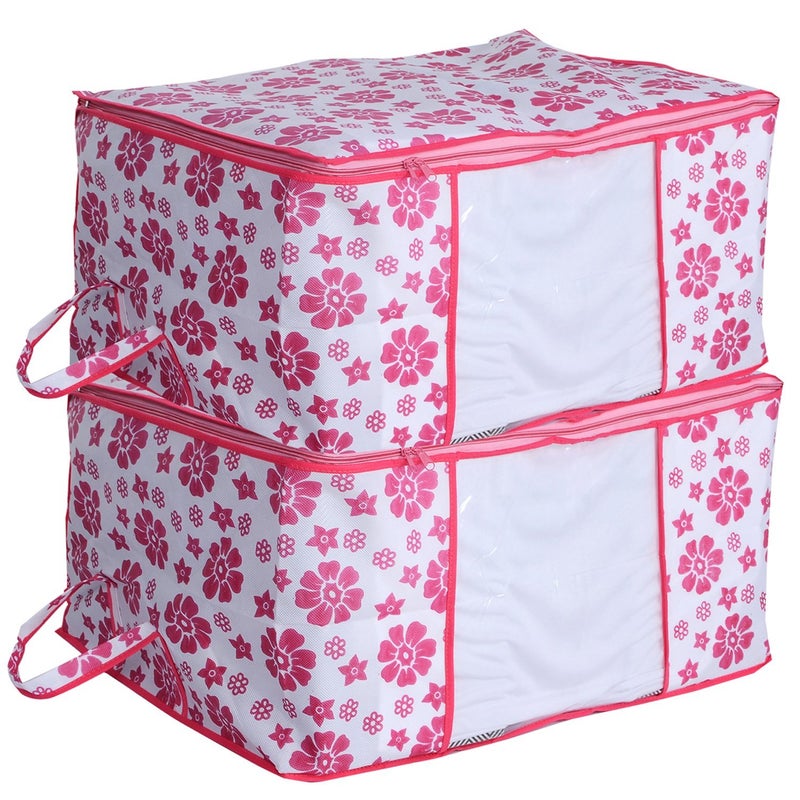 Kuber Industries Floral 2 Piece Non Woven Underbed Storage Organiser Set Pink - Image 1