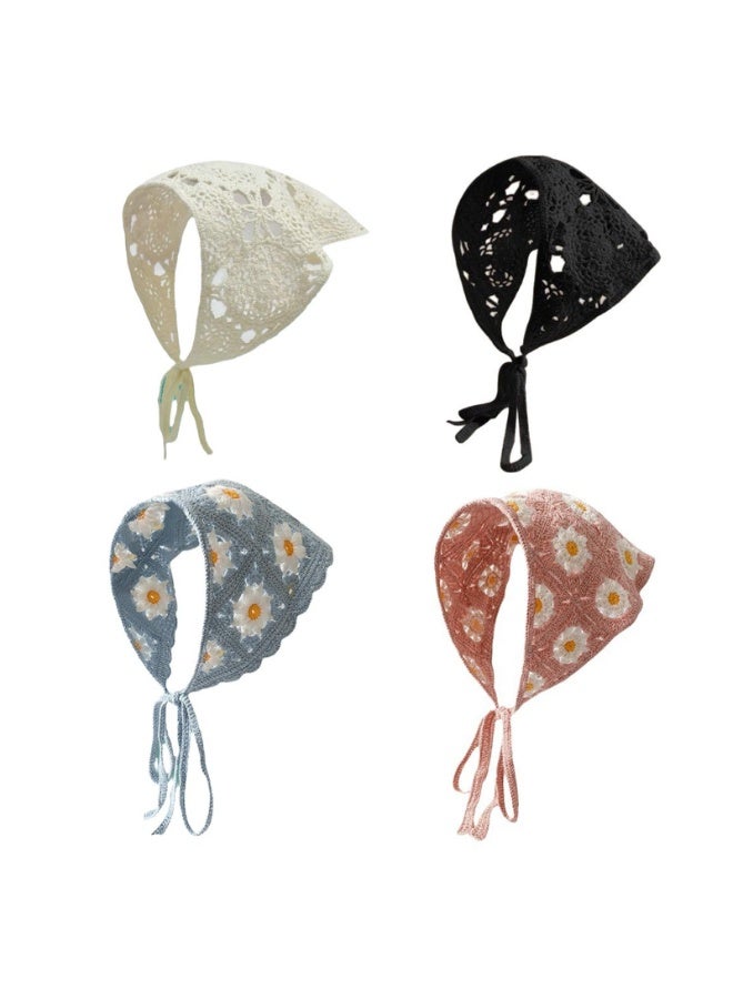 4 Pack Floral Crochet Hair Bandanas, Vintage Daisy Pattern, Adjustable Tie, Polyester, 53x34cm - Image 1