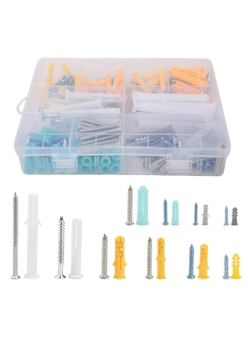 Self Tapping Screws and Ribbed Anchors Assortment Screws Kit, 200PCs Screws and Wall Plugs Set Screws Assortment Plastic Self Drilling Drywall Anchors Set for Hollow Wall Hanging or Blinds - Image 1