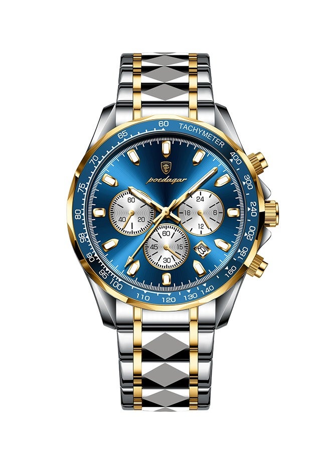 POEDAGAR ​​POEDAGAR Men's Two-Tone Blue Chronograph Quartz Watch - Triple Sub-Dials with Date Display, Two-Tone Stainless Steel Bracelet, 30m Water Resistant for Business & Casual Wear​​  - Image 1