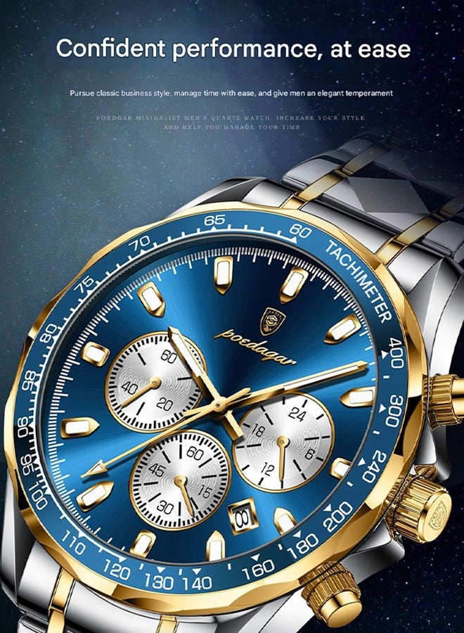 POEDAGAR ​​POEDAGAR Men's Two-Tone Blue Chronograph Quartz Watch - Triple Sub-Dials with Date Display, Two-Tone Stainless Steel Bracelet, 30m Water Resistant for Business & Casual Wear​​  - Image 2